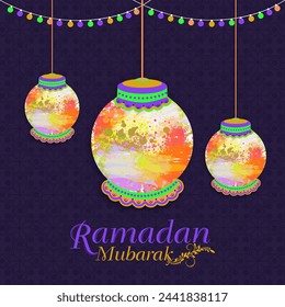 Colorful splash decorated creative hanging Arabic lanterns with lights on seamless floral background for Islamic hloy month, Ramadan Mubarak celebration.