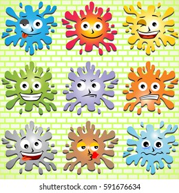 Colorful splash expression on brick wall background, wallpaper, vector cartoon illustration