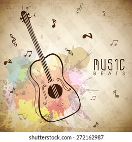 Colorful splash grungy background with musical notes and guitar.