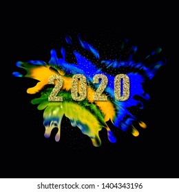 Colorful splash of paint on a black background. New Year's background with numbers and glitter of golden particles.