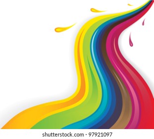 Colorful splash (rainbow colors) of watery liquids flowing in wavy pattern.