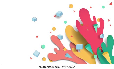 Colorful splash water and box, circle, triangle and cone confetti background, paper cutting style