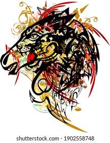 Colorful splashes dangerous horse head. Grunge mustang head with elements of the dragon, the roaring leopard head inside against floral and golden splashes for wallpaper, posters, prints, textiles