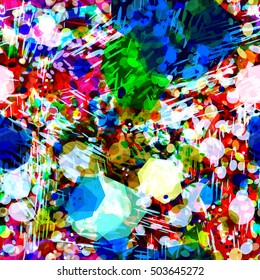 Colorful. Splashes on white backdrop. Abstract seamless background. Watercolor effect. Ovals, blots, stains, drops and splashes. Pattern for fabrics, wrapping, printing