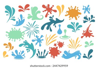 Colorful Splashes And Splashing Forms, Featuring Droplets, Water Drop Shapes, Liquid Burst Splashes, Blots With Drops
