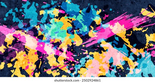 Colorful Splatter Paint Texture In Dark Background, Art Illustration