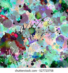 Colorful splatter seamless pattern. Art background texture with blots and spreads droplets of different colors. Grunge vector design. Painting surface