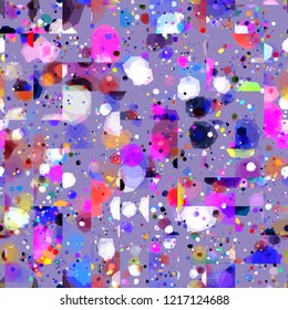 Colorful splatter seamless texture on violet backdrop. Abstract vector background for web page, banners backdrop, fabric, home decor, wrapping