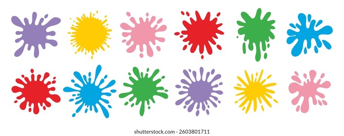 Colorful splatters different shapes. Bright stains and splashes. Ink blots collection clipart elements. Vector illustration
