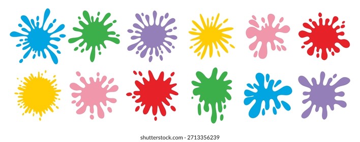 Colorful splatters different shapes. Bright stains and splashes. Ink blots collection clipart elements. Vector illustration