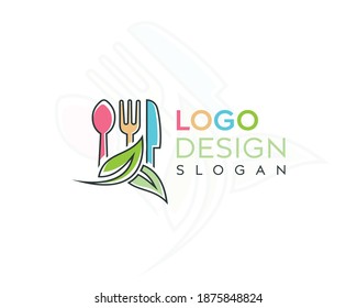 Colorful spoon,colorful leaf logo design,kitchen knife fork spoon vector logo design