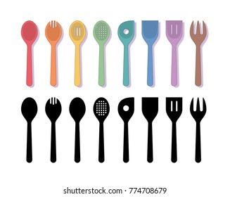 Colorful Spoons Set. Line Art Vector Illustration of a Set of Colorful Spoons and their Silhouettes.