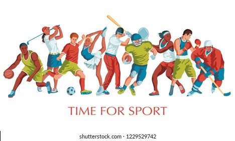 	
Colorful sport background. Football, basketball, hockey, soccer, golf, tennis, baseball, box. Vector illustration