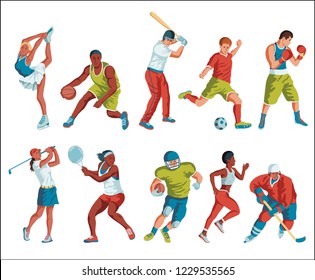 Colorful sport background. Football, basketball, hockey, box, golf, tennis, baseball, box, running. Vector illustration