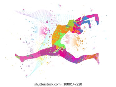 Colorful sport background. Yoga logo design. Ballerina in dance. Girl gymnast in gymnastic. Silhouettes, Exercises, Fitness, Healthcare, Medical, Icon, Symbol. Vector illustration.