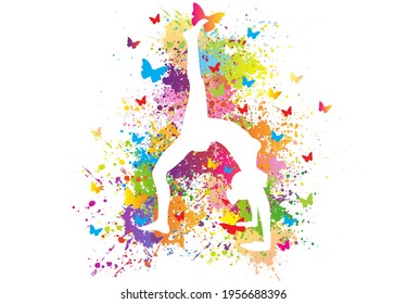 Colorful sport background. Yoga logo design. Ballerina in dance. Girl gymnast in gymnastic. Butterfly, Silhouettes, Exercises, Fitness, Healthcare, Medical, Icon, Symbol. Vector illustration.