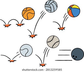 Colorful sport balls bouncing with orange impact marks. Dynamic collection showing basketball volleyball and baseball in motion.