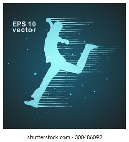 Colorful sport banner with silhouette of winner man.  Blue tones.