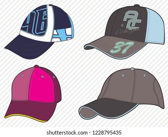 Colorful sport caps. Men accesories, women fashion, headwear, sportive hat. Baseball cap. - Vector