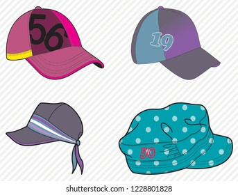Colorful sport caps. Men accesories, women fashion, headwear, sportive hat. Baseball cap. - Vector