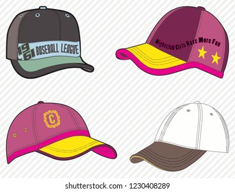 Colorful sport caps. Men accesories, women fashion, headwear, sportive hat. Baseball cap. - Vector