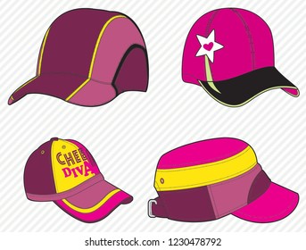 Colorful sport caps. Men accesories, women fashion, headwear, sportive hat. Baseball cap. - Vector