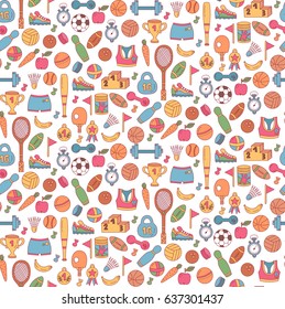 Colorful sport doodles fitness seamless vector pattern
