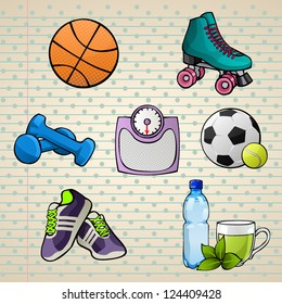 Colorful Sport Elements Set (basketball, rollerblade, weights, scale, football, tennis ball, sport shoes and a bottle of water). Vector illustration. Easy to edit.