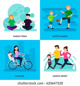 Colorful sport family square composition with yoga physical trainings games and activities in flat style vector illustration