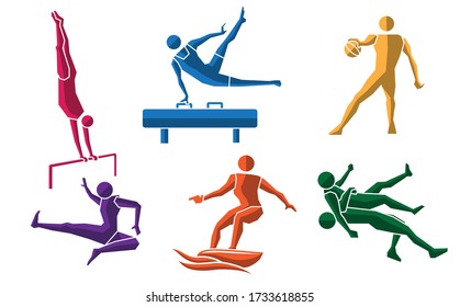 colorful sport flat icon set symbol of surfing water, wrestling, horizontal bar, taekwondo, basketball, gymnastics