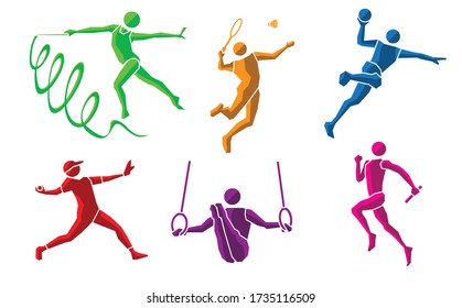 colorful sport flat  icon set of horizontal bar, long jump, pole vault, relay race, rhythmic gymnasts, ring sport, water polo