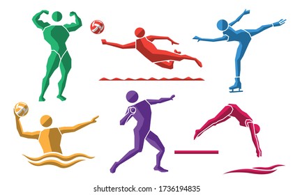 colorful sport flat icon set symbol of bodybuilding; beach volleyball; ice skating; water polo;throw weight; swim