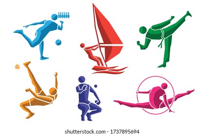 colorful sport flat icon set symbol of bowling, takraw, sailing boat, petong, taekwondo, hoops Gymnastics, rhythmic