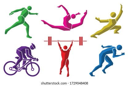 colorful sport icon set, discus thowing, gymnastics, kung fu, bicycle racing sport, Weightlifting, Running sport, athletics