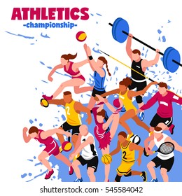 Colorful sport isometric poster with active players sportsmen and athletes on splash background vector illustration