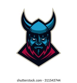 Colorful sport logo label with viking illustration on white background. Vector abstract illustration.