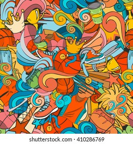 Colorful sport seamless pattern with basketball doodle objects. Cartoon outline style for textile, poster, advertisement