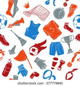 Colorful sport seamless pattern with soccer doodle objects on white background