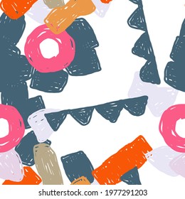 Colorful Sport Vector Seamless Pattern. Color Memphis Scribble Texture. Vivid Cute Collage. Brush Circle Background.