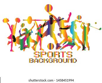 Colorful sports background. Football, Basketball, Cheerleader, Taekwondo, Volleyball, Badminton, Golf, Tennis, Weightlifting, Vector illustration.