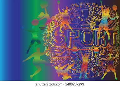 Colorful sports background. Football, Basketball, Cheerleader, Taekwondo, Volleyball, Badminton, Golf, Tennis, Weightlifting, Equipments, Logo, Icon, Symbol, Silhouette. Vector illustration.