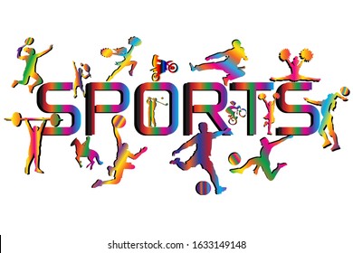 Colorful sports background. Football, Basketball, Cheerleader, Taekwondo, Volleyball, Badminton, Golf, Tennis, Weightlifting, Equestrian, Racing, Bicycle. Logo, Text, Silhouette. Vector illustration.
