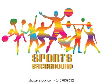 Colorful sports background, Logo, Icon, Football, Basketball, Cheerleader, Taekwondo, Badminton, Weightlifting, Concepts exercise and medicine health, Vector illustration.