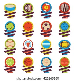 Colorful Sports Balls logo. Football, basketball, golf, volleyball, hockey, american football, tennis, billiard, baseball, bowling, cricket, croquet, badminton, darts, golf, ping pong