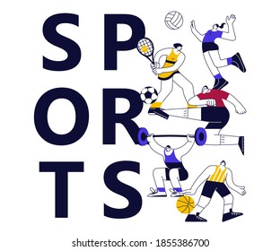 Colorful sports banner with athletes. Different male and female sportsmen isolated. Flat Art Vector Illustration