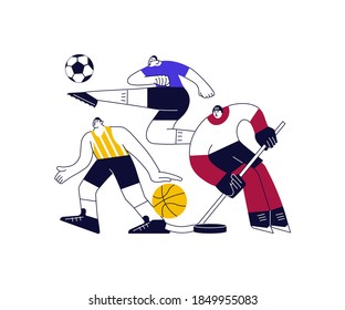 Colorful sports banner with athletes. Football, Basketball and Ice Hockey isolated in modern outline minimalism design. Flat Art Vector Illustration