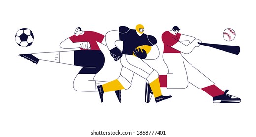 Colorful sports banner with athletes. Football, Rugby and Baseball isolated in modern outline minimalism design. Flat Art Vector Illustration