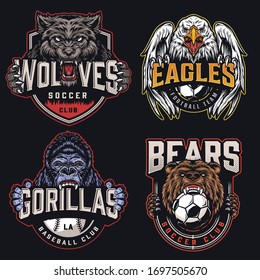 Colorful sports clubs emblems with ferocious wolf eagle gorilla bear mascots soccer and baseball balls in vintage style isolated vector illustration