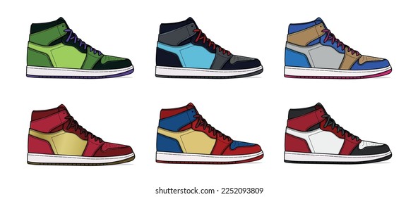 Colorful sports high-top sneakers, flat design, line art, vector