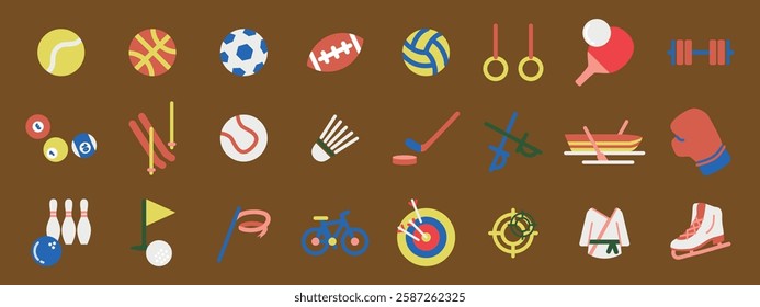 Colorful sports icons on a brown background. Includes tennis, basketball, soccer, football, volleyball, gymnastics, table tennis, and more. Vibrant sports symbols. Sport illustrations, vector set.